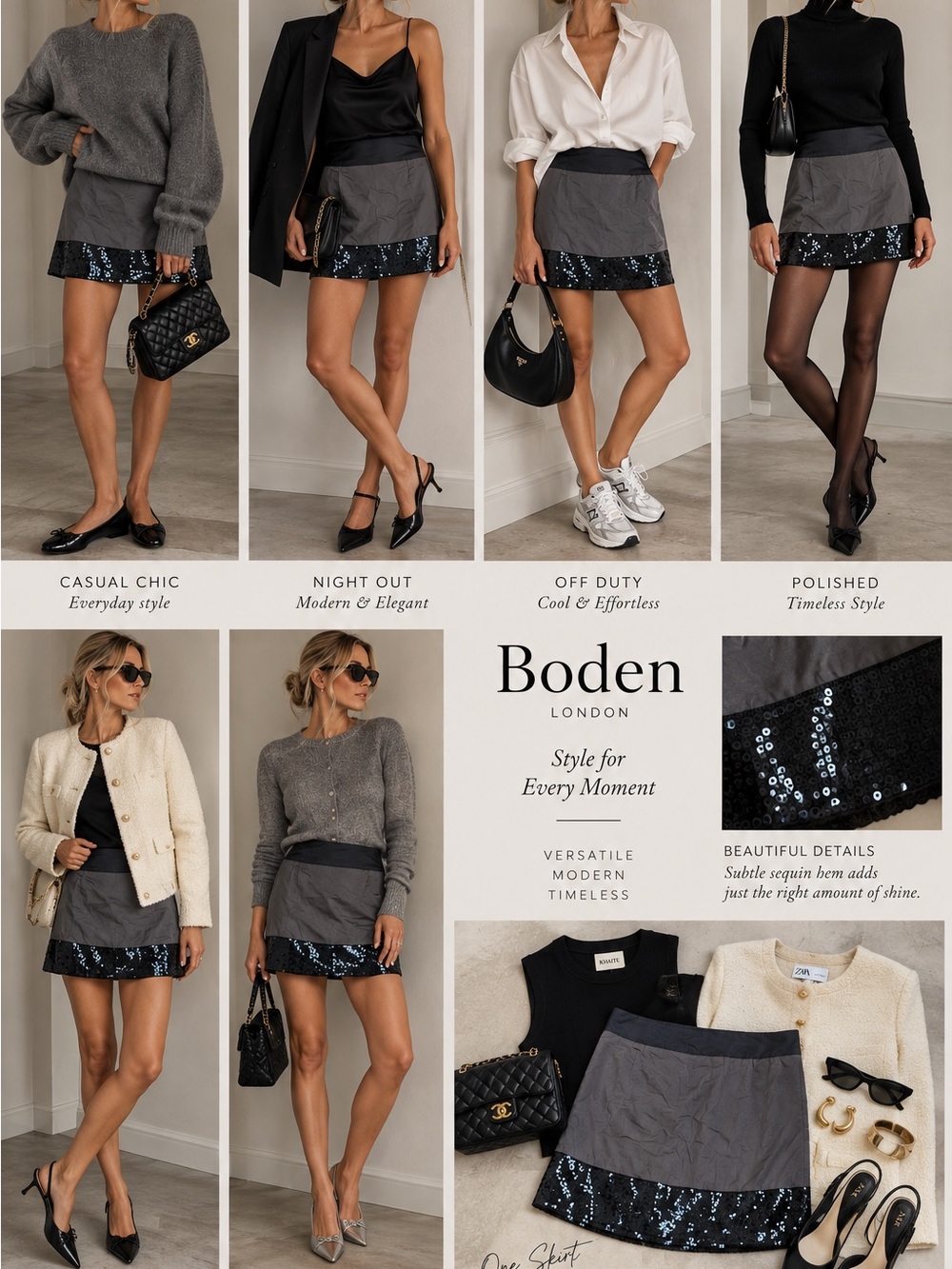 NWT Boden 100% Silk Gray Black Sequin Hem Mini Skirt